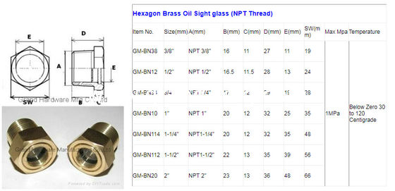 Npt 1/2 pulgadas, 3/4 pulgadas, 1 pulgadas, 1-1/4 pulgadas, 1-1/2 pulgadas compresor de bronce visores de nivel de aceite con FKM O-ring